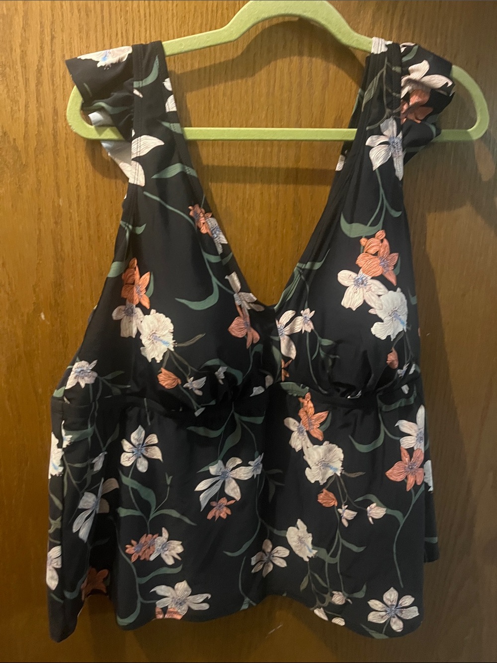 Shade & Shore Black Floral V-Neck Swim Camisole with Peach and White Blooms